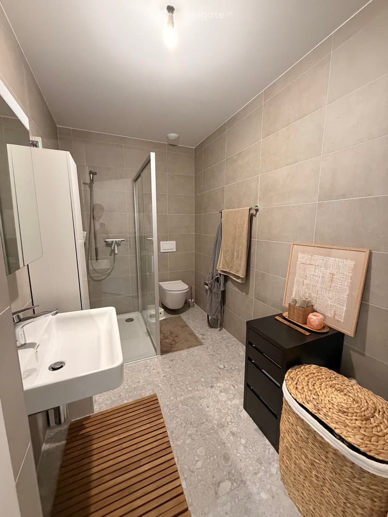 Modern bathroom with a white sink, toilet, glass-enclosed shower, and a wooden floor. Features include a black cabinet, a woven basket, and a framed picture on the wall.