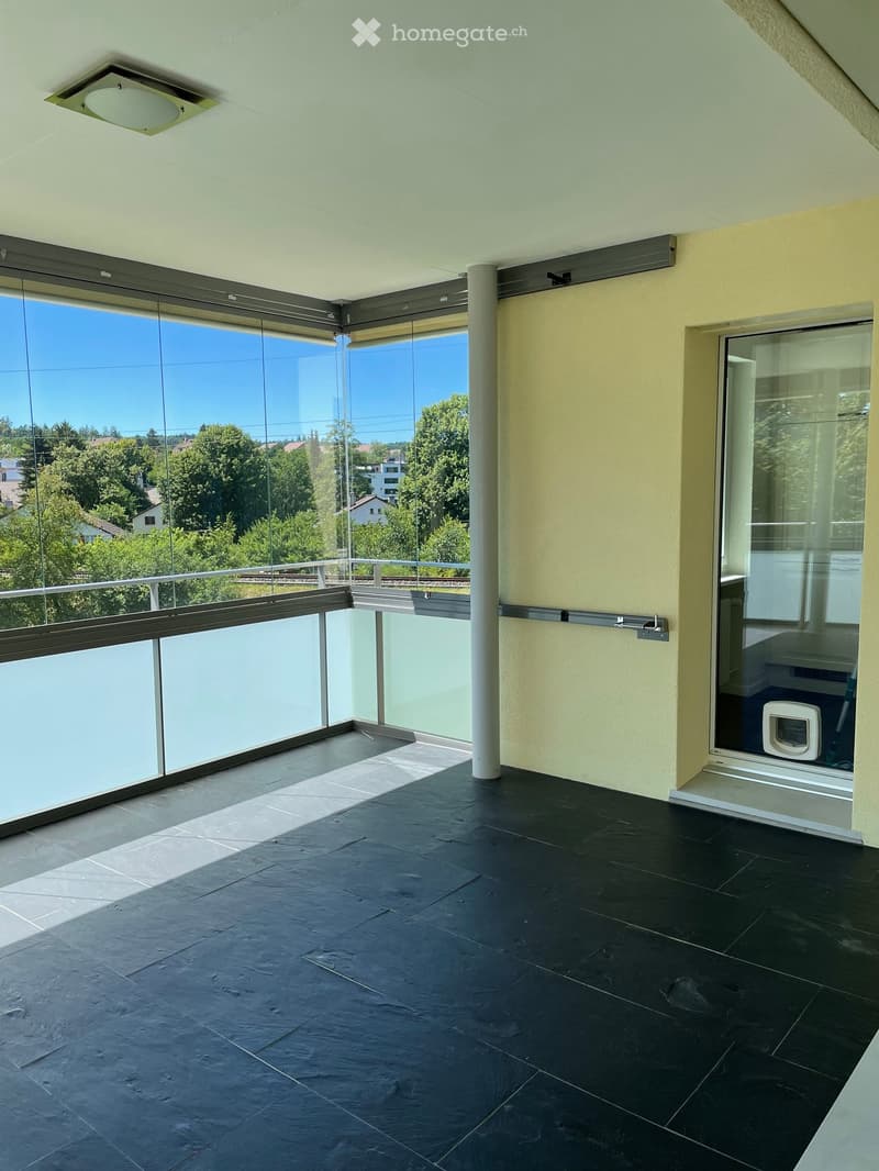 Modern balcony with large glass windows, black tiled floor, and a view of trees and houses.