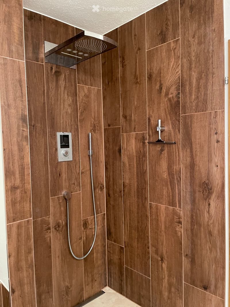 Modern shower area with wooden walls, a large overhead showerhead, a handheld shower hose, and a control panel.