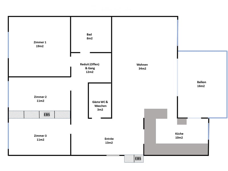 Floor plan showing a layout with three bedrooms, a bathroom, a living area, a kitchen, a balcony, and an entrance area.