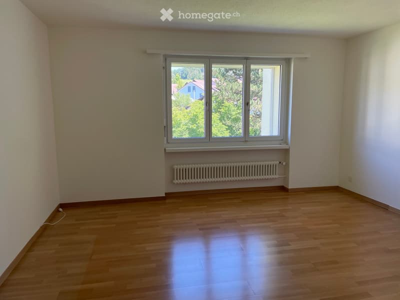 Empty room with wooden flooring, white walls, a large window with a view of greenery, and a radiator below the window.