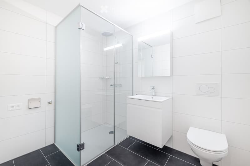 Modern bathroom with white tiles, glass shower enclosure, white sink with cabinet, and toilet.