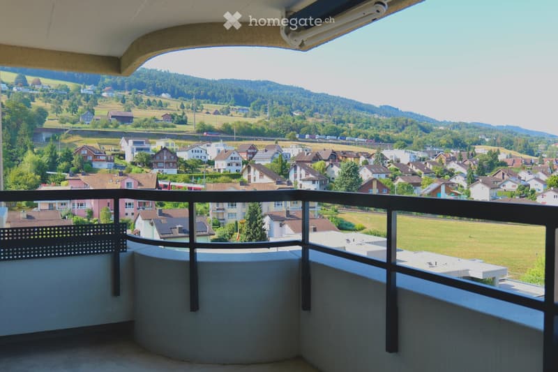 Balcony with metal railing overlooking a suburban neighborhood with houses, trees, and distant hills.