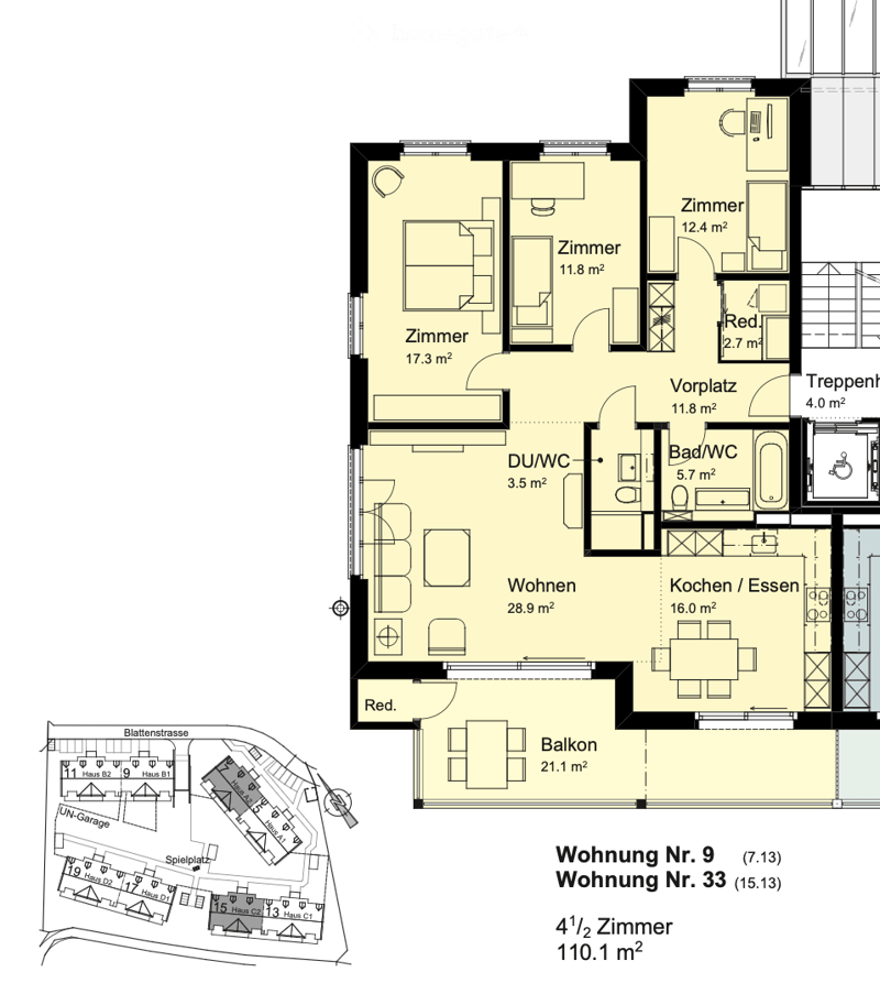Floor plan of a 4.5-room apartment with 110.1 m² total area, including living room, kitchen/dining area, 3 bedrooms, 2 bathrooms, and a balcony.
