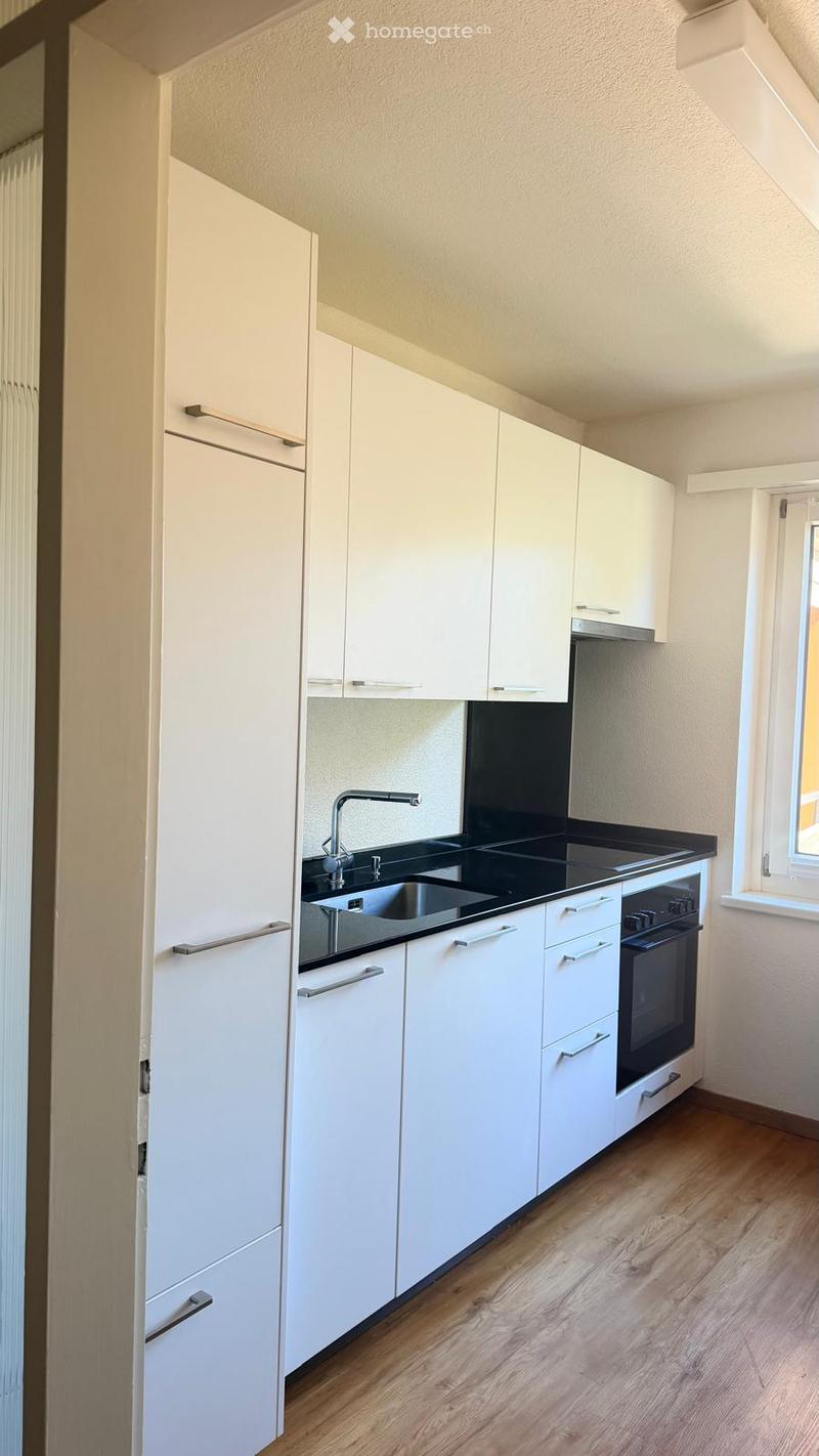Modern kitchen with white cabinets, black countertop, stainless steel sink, and built-in oven.
