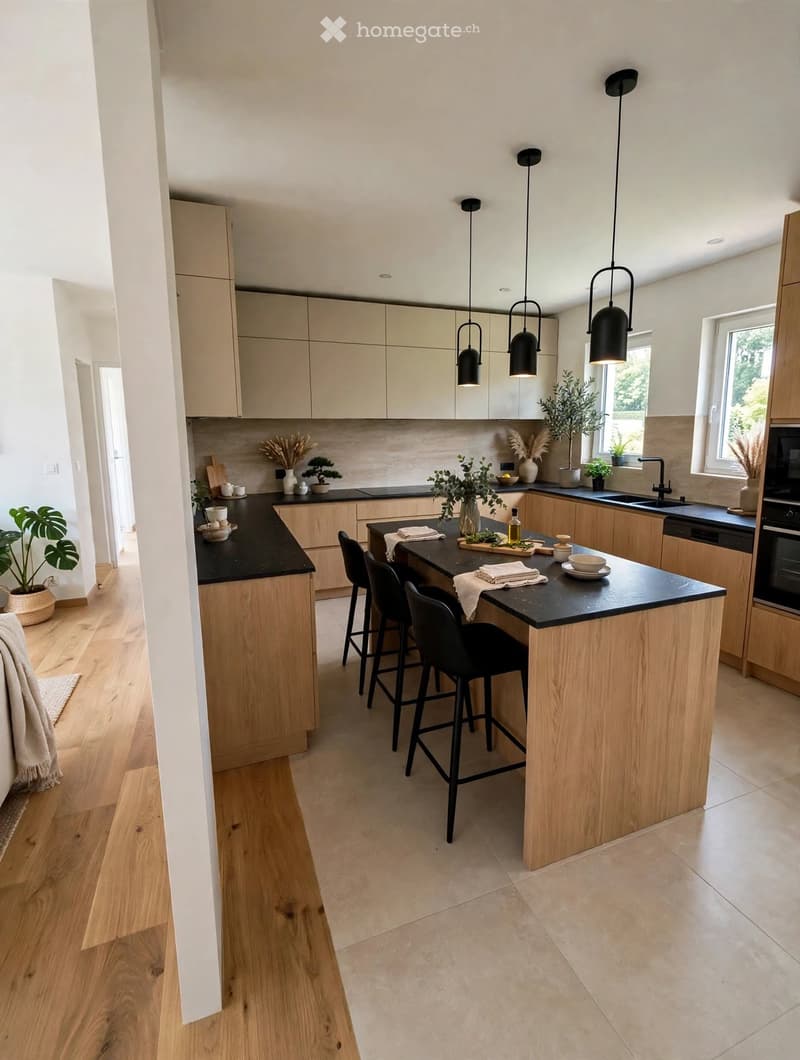 Modern kitchen with light wood cabinets, black island, pendant lights, and bar stools.