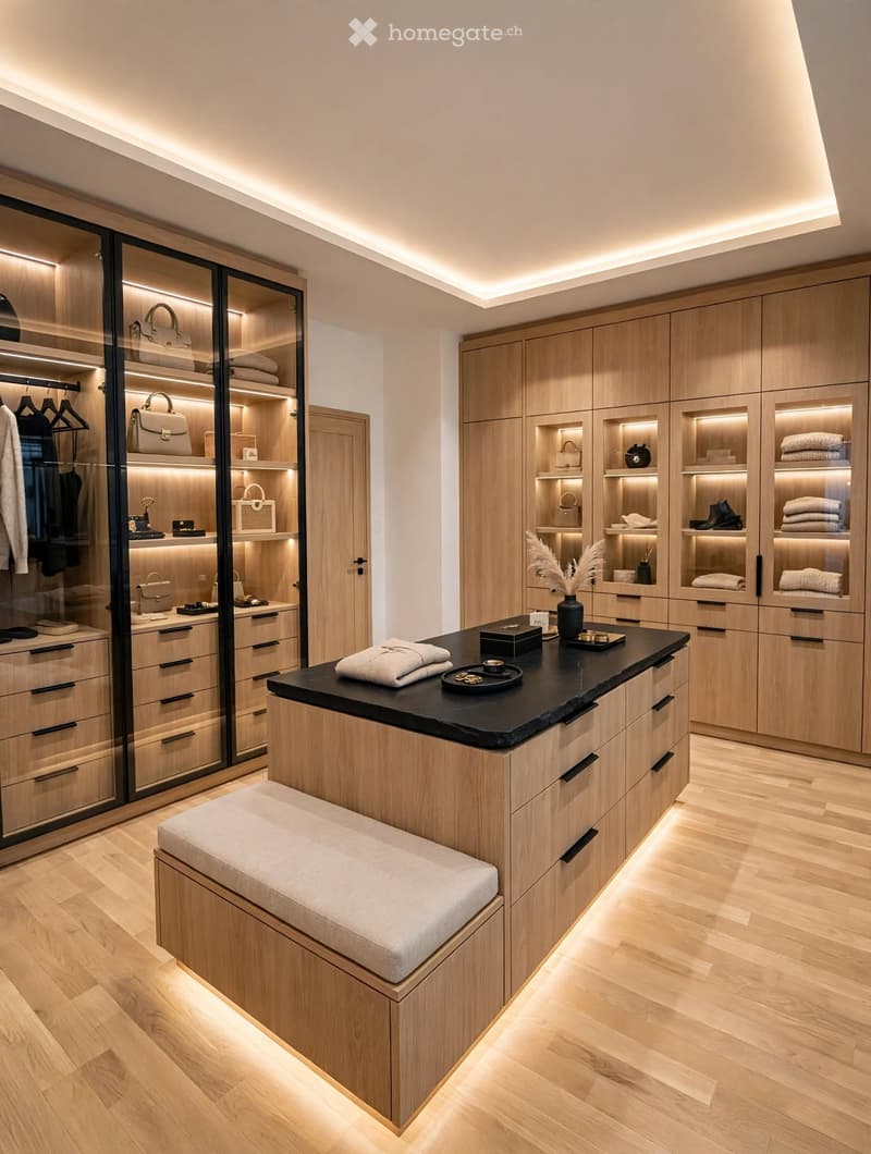 Modern walk-in closet with wooden cabinets, mirrored doors, built-in lighting, a bench, and decorative items on the counter.