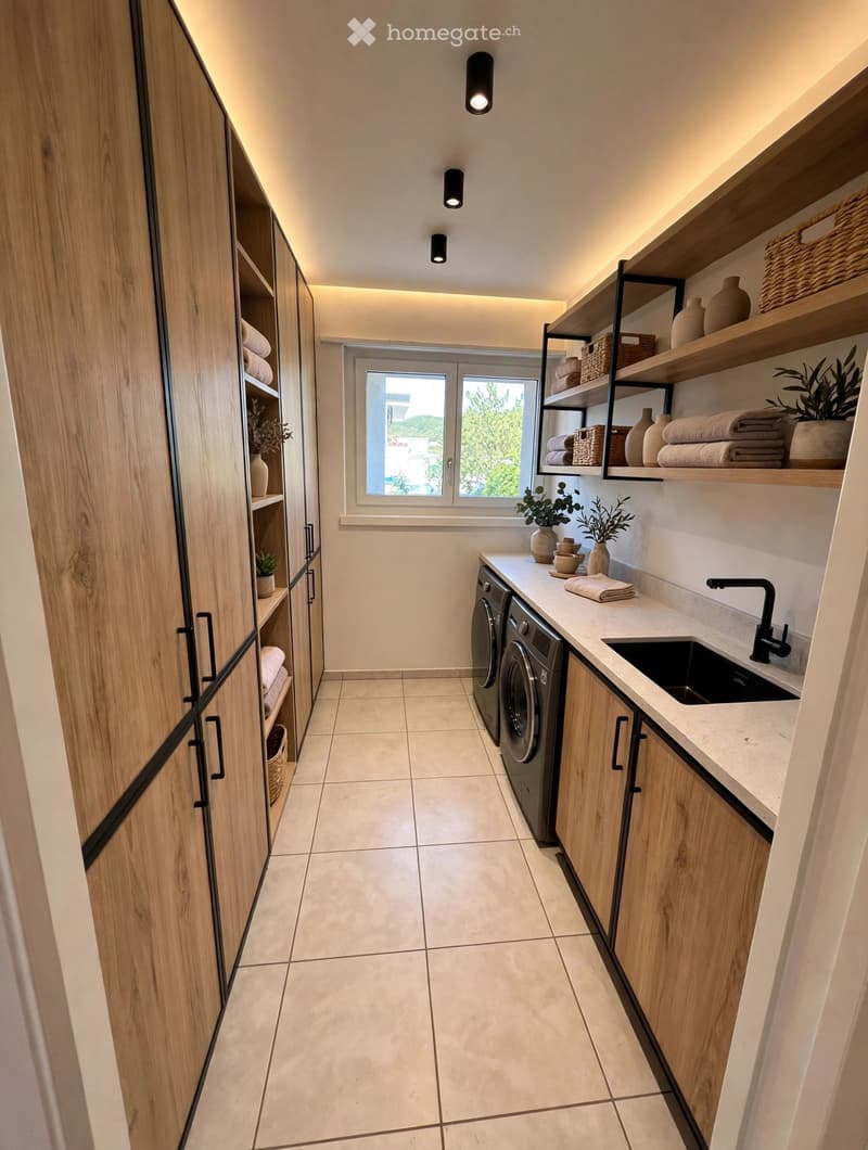 Modern hallway with wooden cabinets, built-in shelving, a washing machine, and a sink area. Features recessed lighting, tiled flooring, and a large window with a view of greenery.