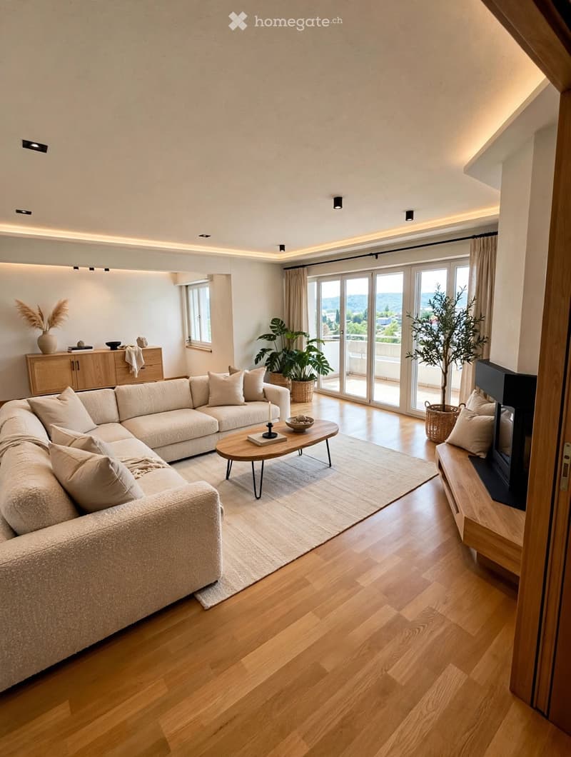 Modern living room with a large sectional sofa, coffee table, fireplace, sideboard, and large windows offering a scenic view.