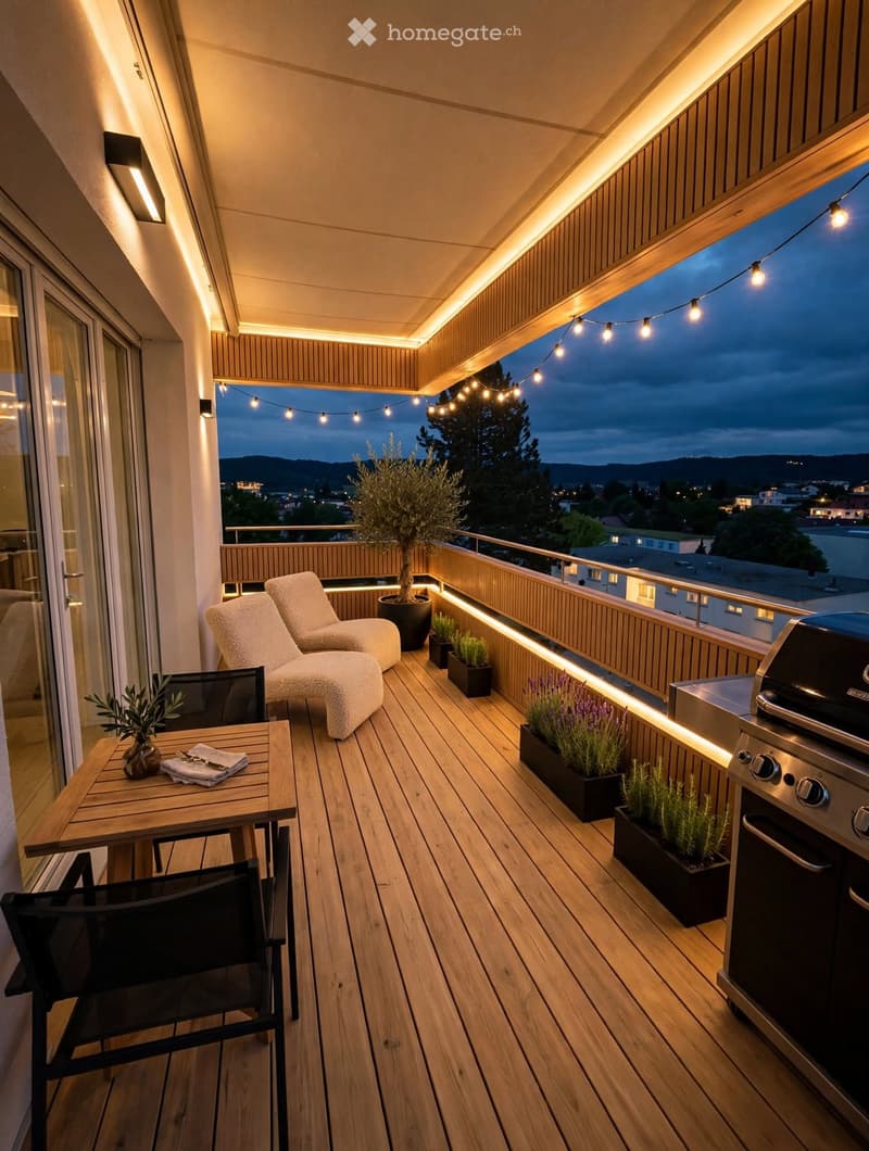 Wooden balcony with lounge chairs, a small table, potted plants, and a grill, illuminated by string lights and recessed lighting.
