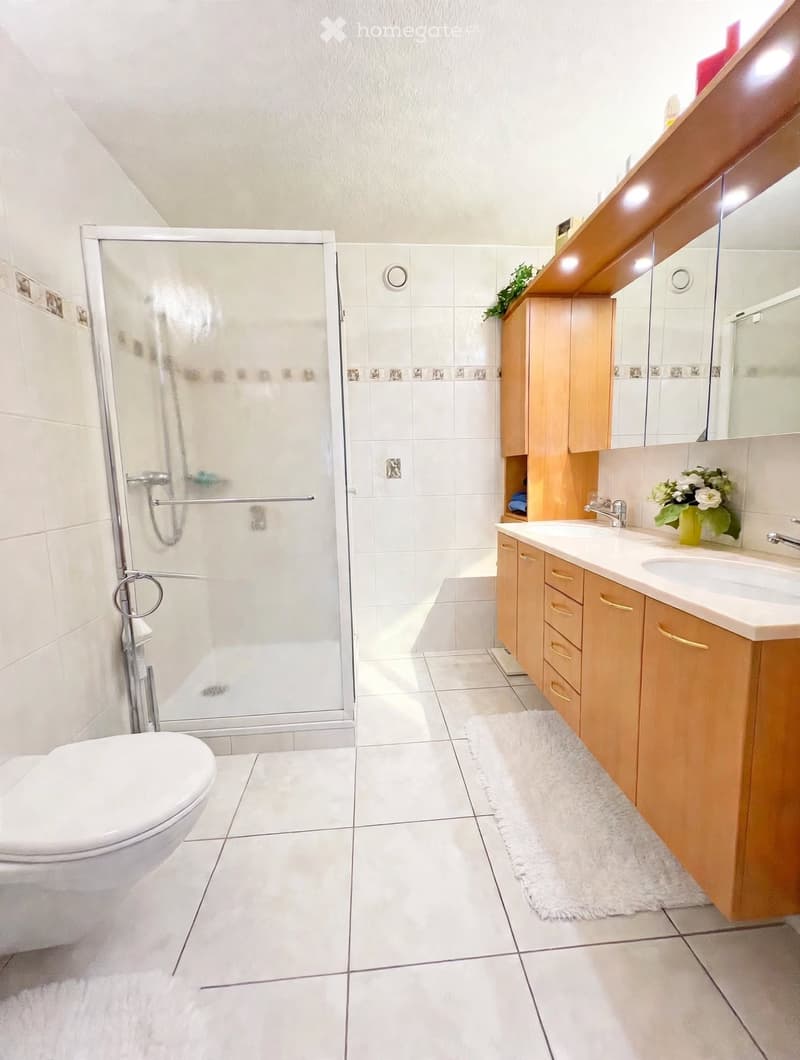 Modern bathroom with white tiles, a glass-enclosed shower, a toilet, a double sink with wooden cabinets, and a small decorative plant on the counter.
