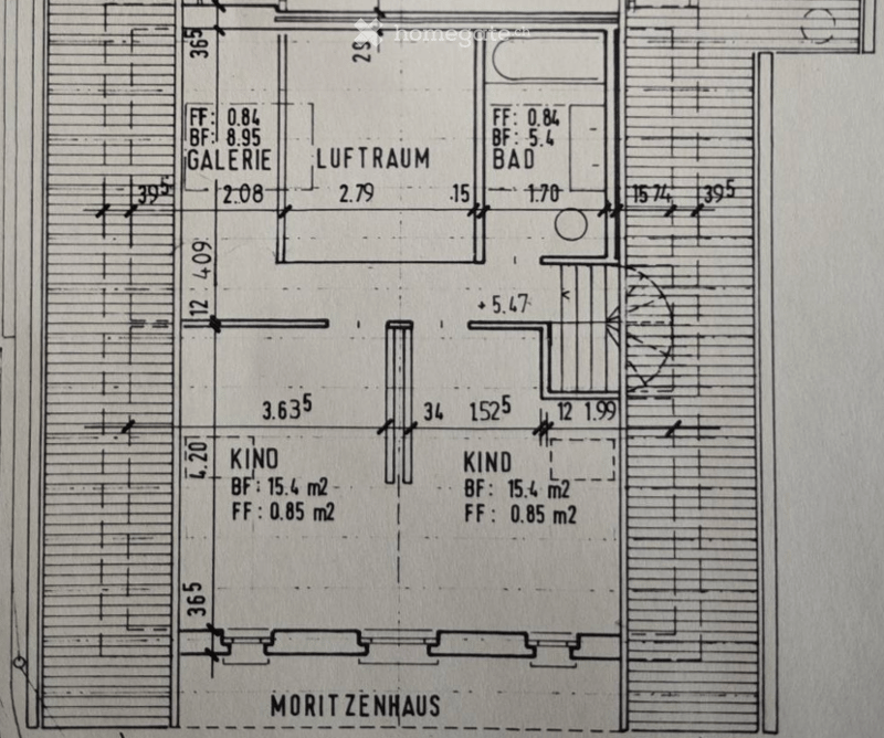 Floor plan of a multi-room space labeled 'MORITZENHAUS' with rooms including 'GALERIE', 'LUFT RAUM', 'BAD', 'KINO', and 'KIND'. Dimensions and floor areas are indicated.