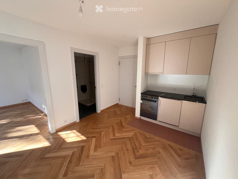 Empty room with wooden herringbone flooring, white walls, and built-in kitchen cabinets. A doorway leads to a small bathroom with a shower and toilet.