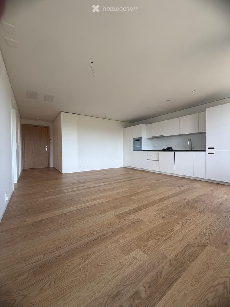 Empty kitchen with white cabinets, wooden floor, and a door leading to another room.