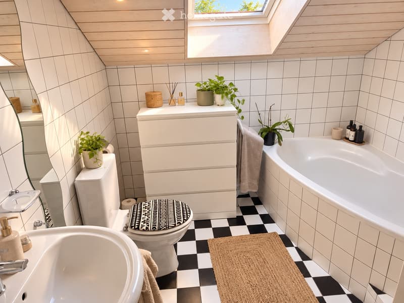 Modern bathroom with white tiles, black and white checkered floor, bathtub, toilet, sink, mirror, and decorative plants.