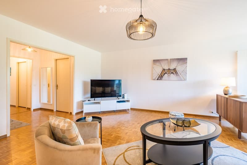 Modern living room with wooden flooring, a sofa, coffee table, glass table, TV, and decorative items.