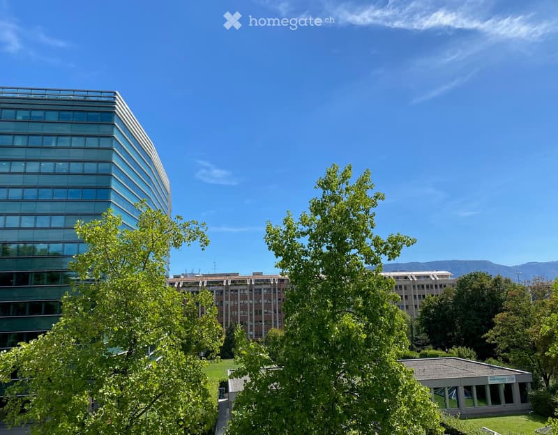 Modern glass building with multiple floors, surrounded by trees and greenery, with a clear blue sky and distant mountains in the background.