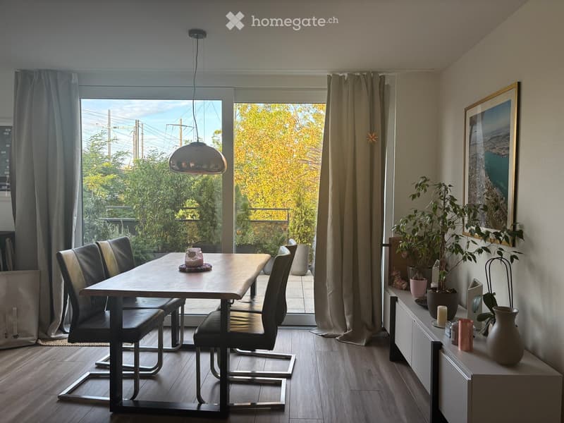 Modern dining area with a wooden table, four chairs, pendant light, and decorative plants and vases on a sideboard.