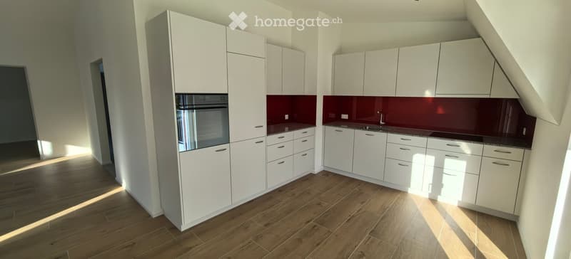 Modern kitchen with white cabinets, dark red backsplash, wooden flooring, and stainless steel appliances including an oven and sink.