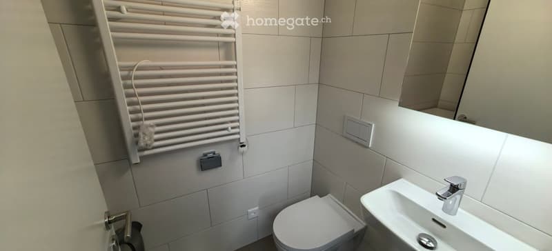 Modern bathroom with white tiles, a toilet, a sink with a modern faucet, a radiator, and a mirror above the sink.