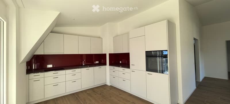 Modern kitchen with white cabinets, dark red backsplash, wooden flooring, and built-in oven.