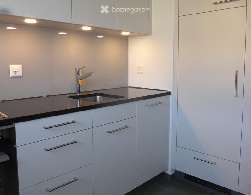 Modern kitchen with white cabinets, stainless steel sink, and sleek black countertop.