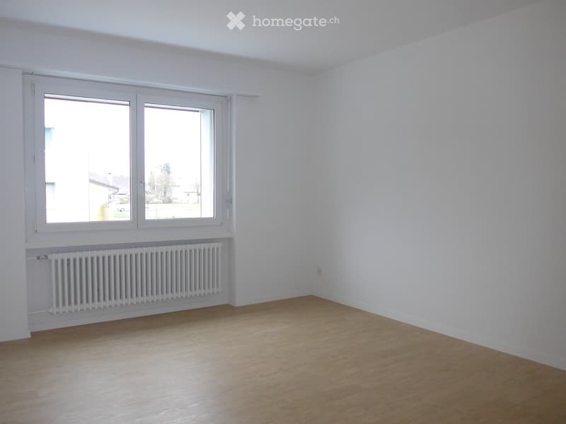 Empty room with light wooden flooring, white walls, large windows, and a radiator below the windows.