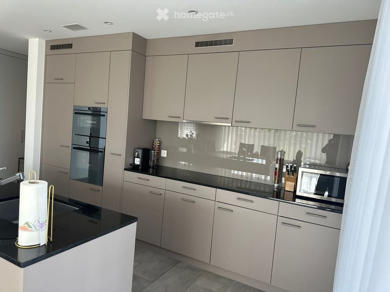 Modern kitchen with light grey cabinets, black countertops, stainless steel appliances, and a paper towel holder on the counter.