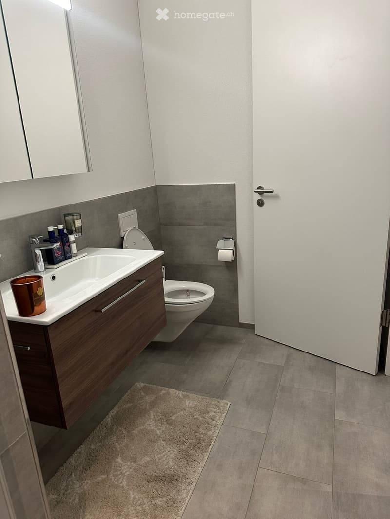 Modern bathroom with a wooden vanity, white sink, chrome faucet, toilet, and a small rug on the floor.