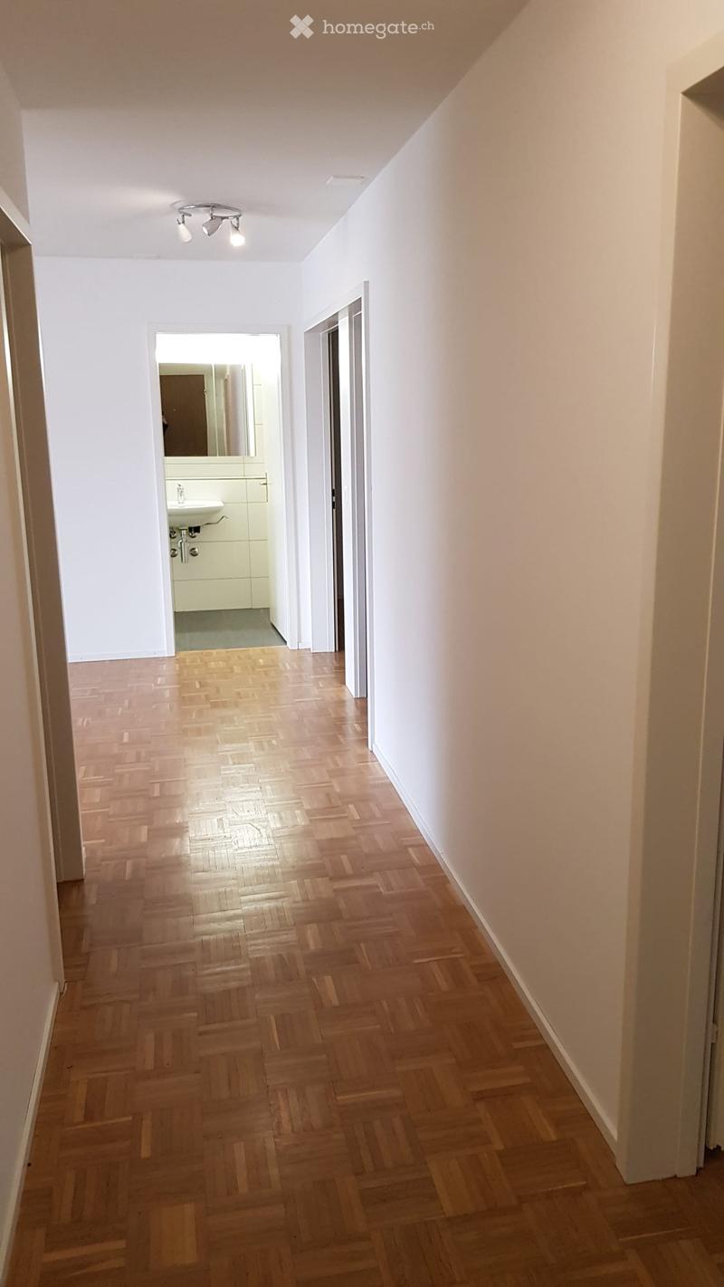 A long, narrow hallway with wooden herringbone flooring, white walls, and a ceiling light fixture. An open doorway leads to a small bathroom with a sink, mirror, and cabinet.