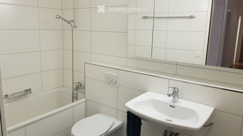 Modern bathroom with white tiles, bathtub, toilet, sink, and mirror. Features a handheld showerhead and towel hanging on the side.