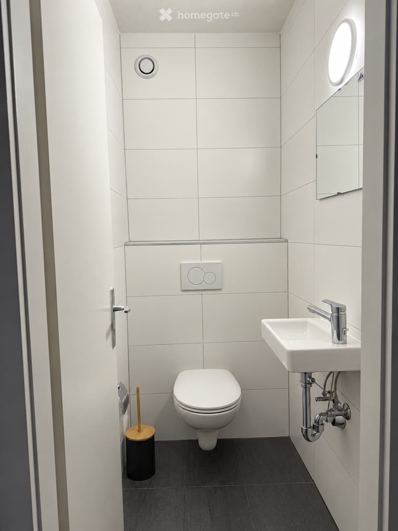 Modern, compact bathroom with white tiles, a toilet, a sink with a modern faucet, a round mirror, and a toilet brush holder.