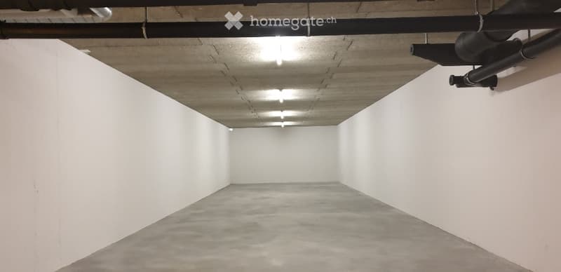Empty basement garage with white walls and gray floor, exposed ceiling beams, and hanging pipes.