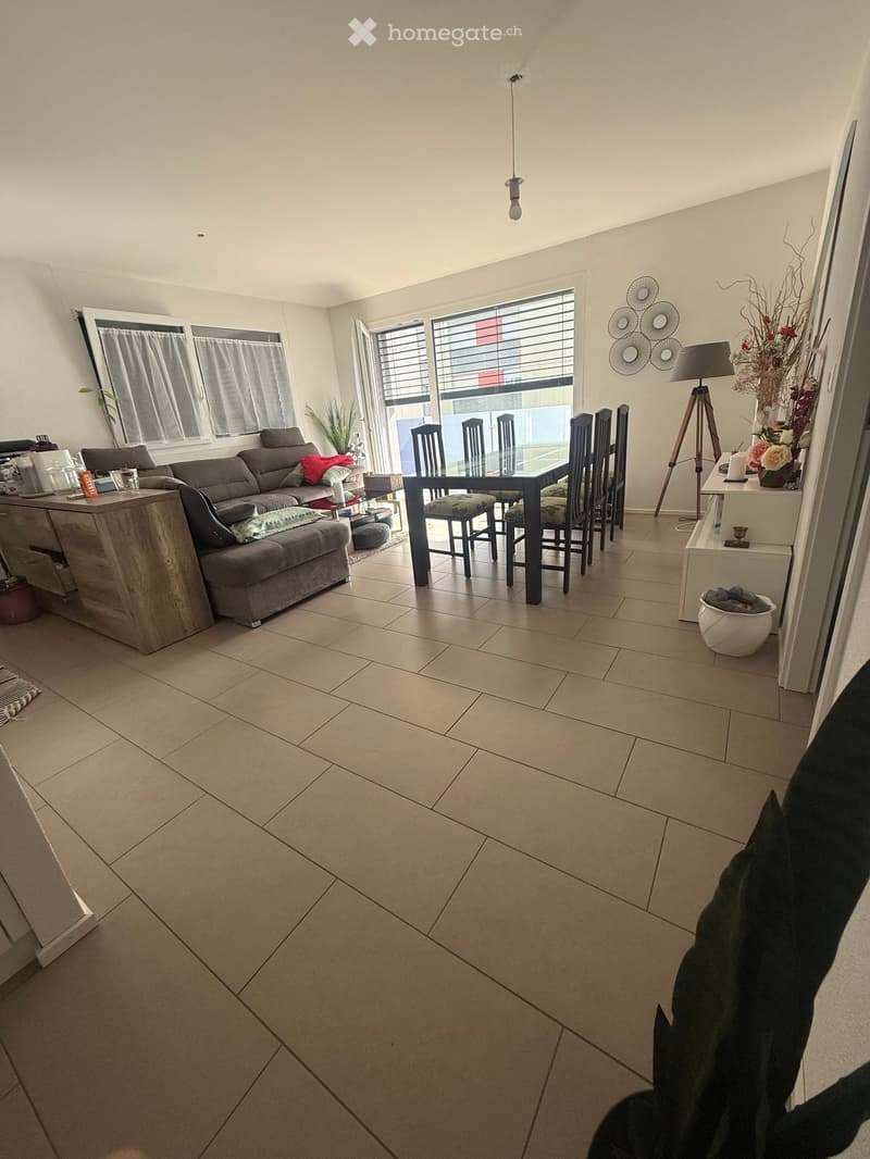Living and dining area with a grey sectional sofa, dining table with chairs, side table with lamp, and decorative items.