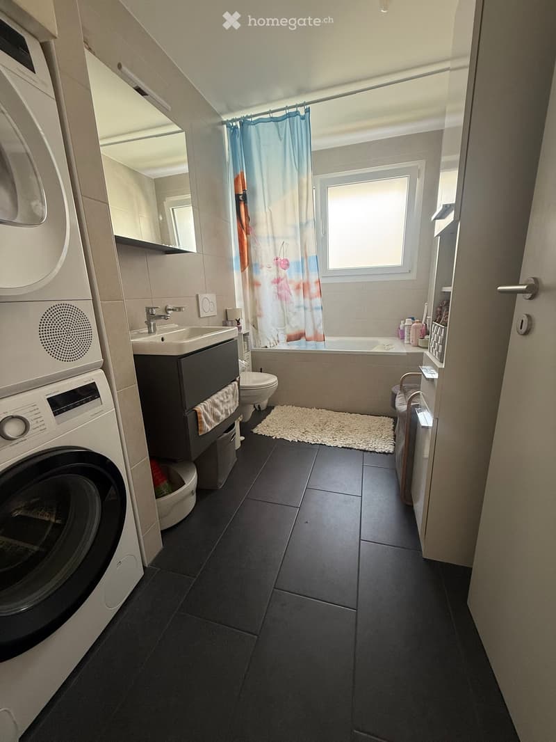 Modern bathroom with dark tiled floor, white walls, a sink with a faucet, a toilet, a bathtub with a shower curtain, a washing machine, a mirror, and a small white rug in front of the bathtub.