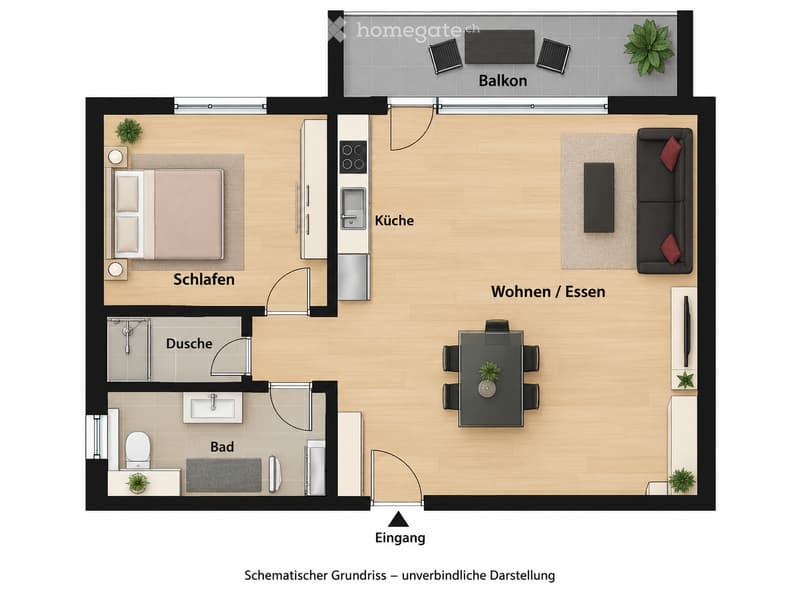 Floor plan of a modern apartment with a living/dining area, kitchen, bedroom, bathroom, and balcony.