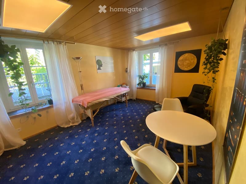 A well-lit room with blue carpeting, a massage table covered in pink fabric, a round white table with chairs, a dark armchair, a floor lamp, and potted plants near the windows.
