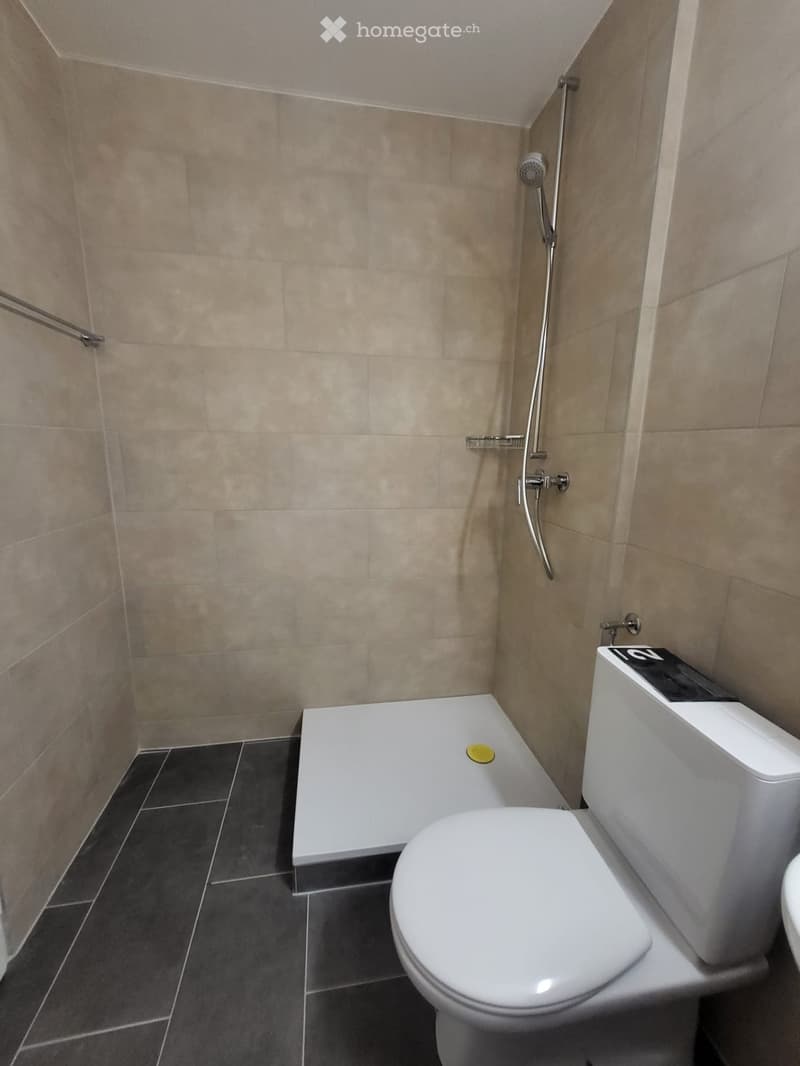 Modern bathroom with a white toilet, bathtub, and shower fixture. Beige tiled walls and dark tiled floor.