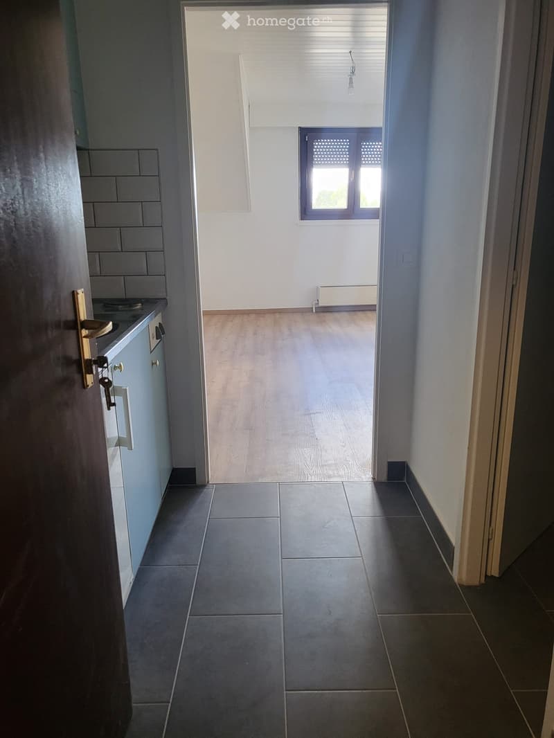 Empty hallway with tiled floor, wooden flooring in the adjacent room, white walls, and a window with blinds.