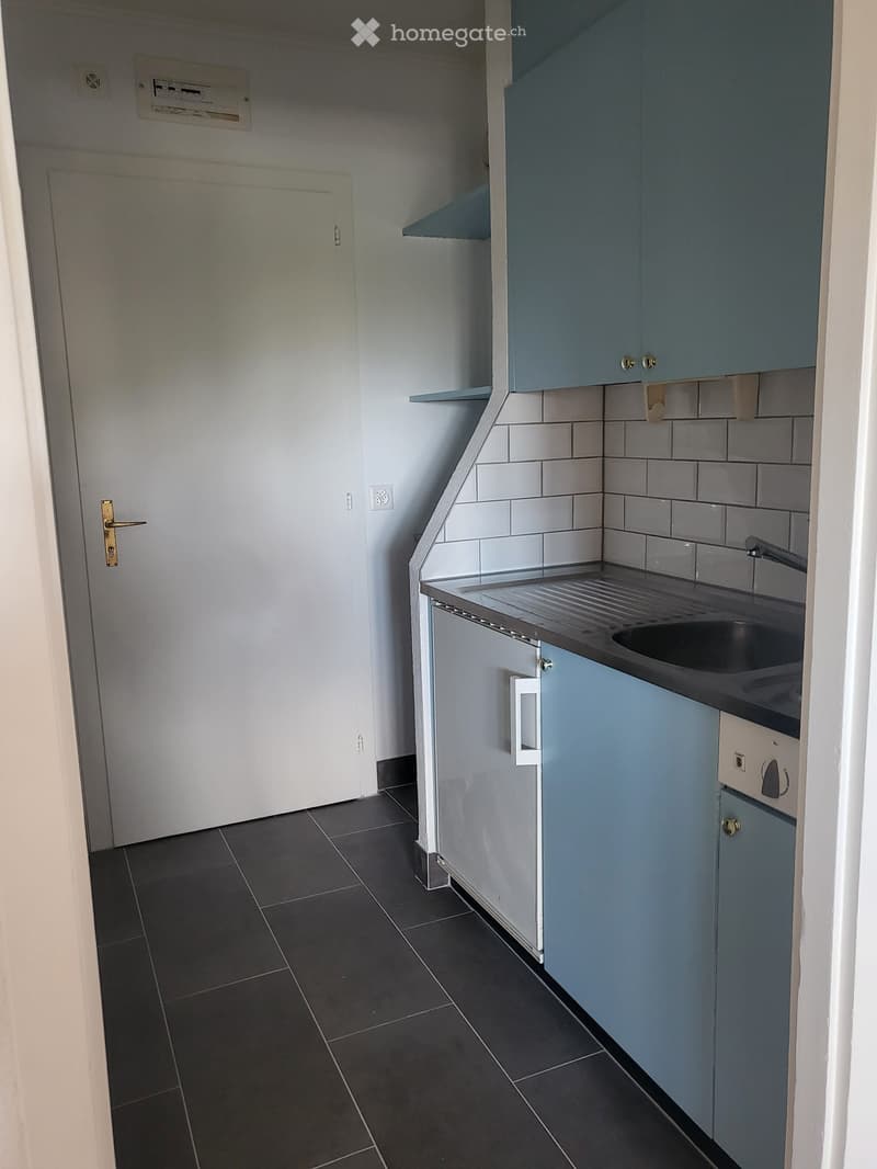 Compact kitchen with dark tiled floor, light blue cabinets, and a sink. The space includes a door with a brass handle leading to another room.