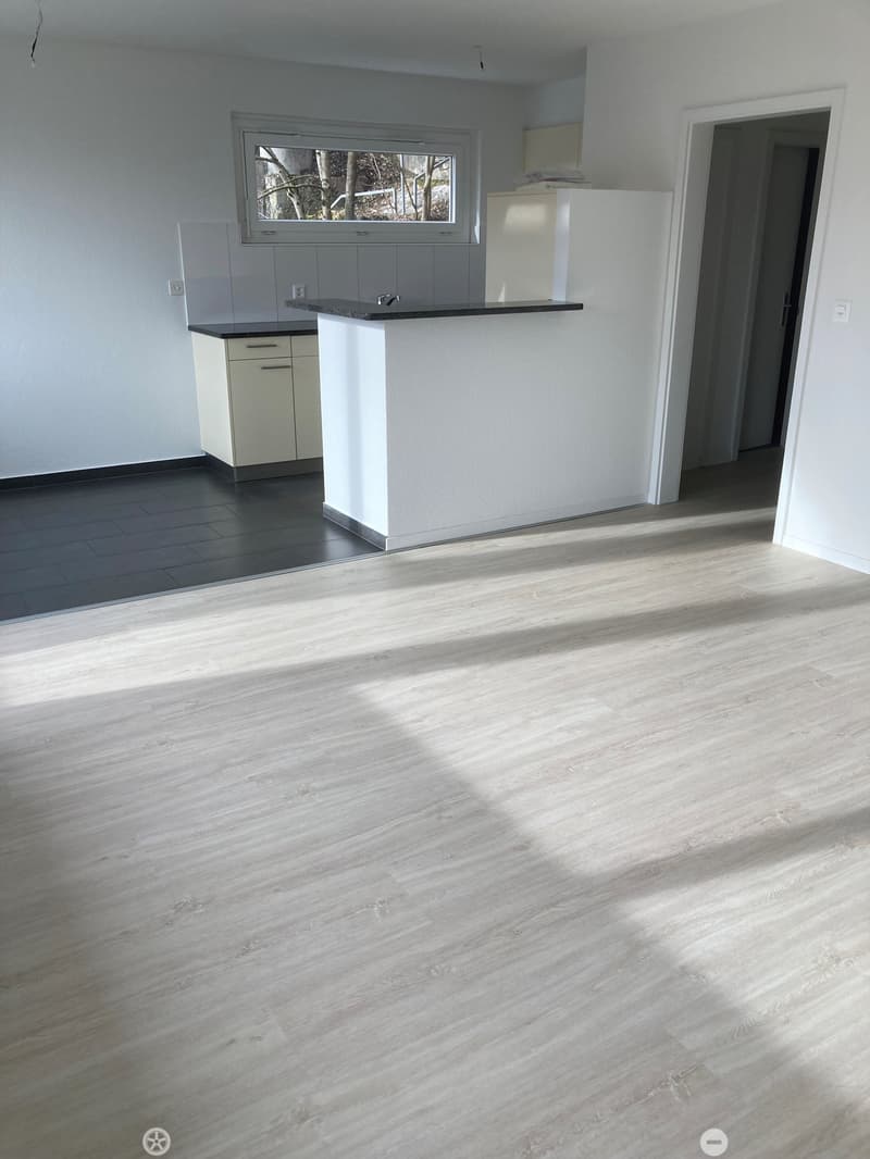 Empty room with light wooden flooring, white walls, and a small kitchen area with cabinets and a countertop.