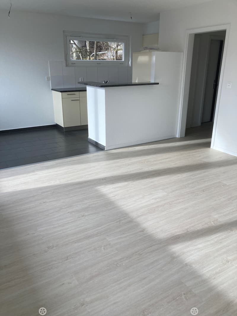 Empty room with light wooden flooring, white walls, and a small kitchen area with cabinets and a countertop.