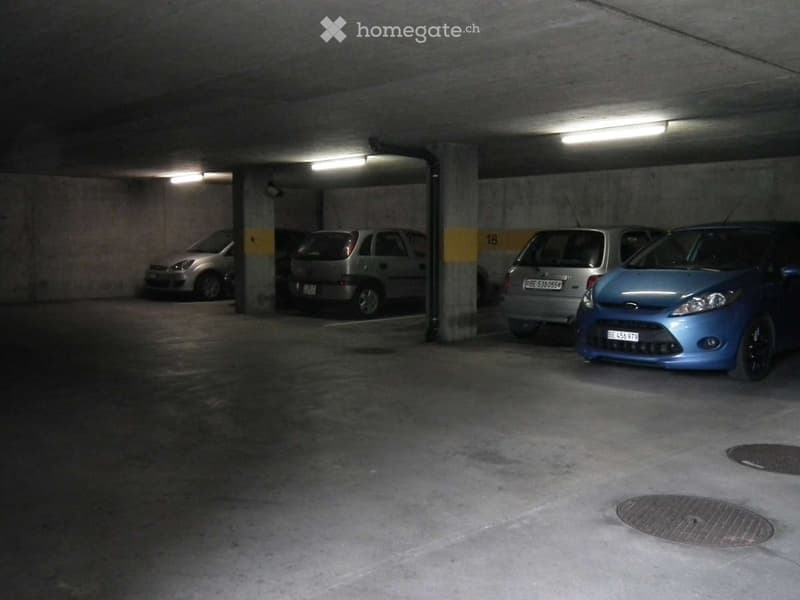 4 parked cars, ceiling lights, 2 manhole covers