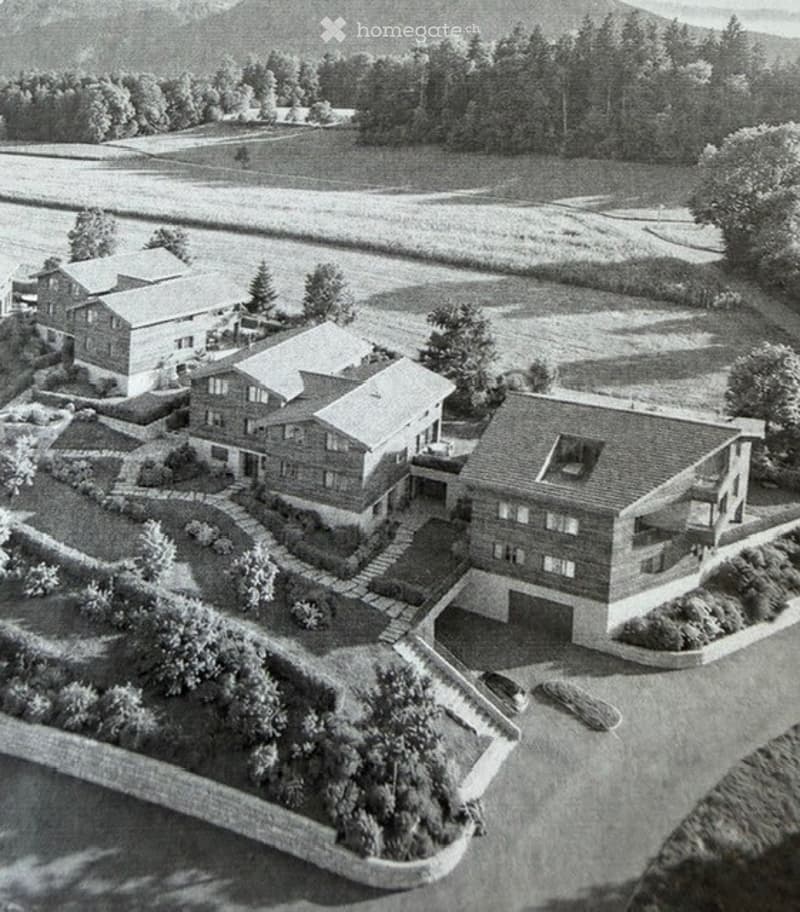 Aerial view of a residential complex with multiple houses, a garage, and landscaped gardens.