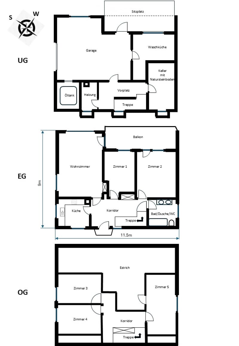 Floor plan showing three levels: underground with garage, oil tank, heating, and storage; ground floor with living room, kitchen, two bedrooms, bathroom, and balcony; upper floor with three bedrooms and hallway.