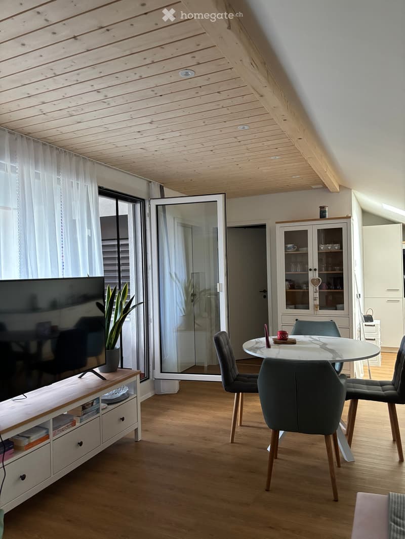 Bright, modern living space with wooden floors, a large window, and a sliding glass door leading to a balcony. Features a round dining table with chairs, a TV on a stand, a cabinet, and a potted plant.