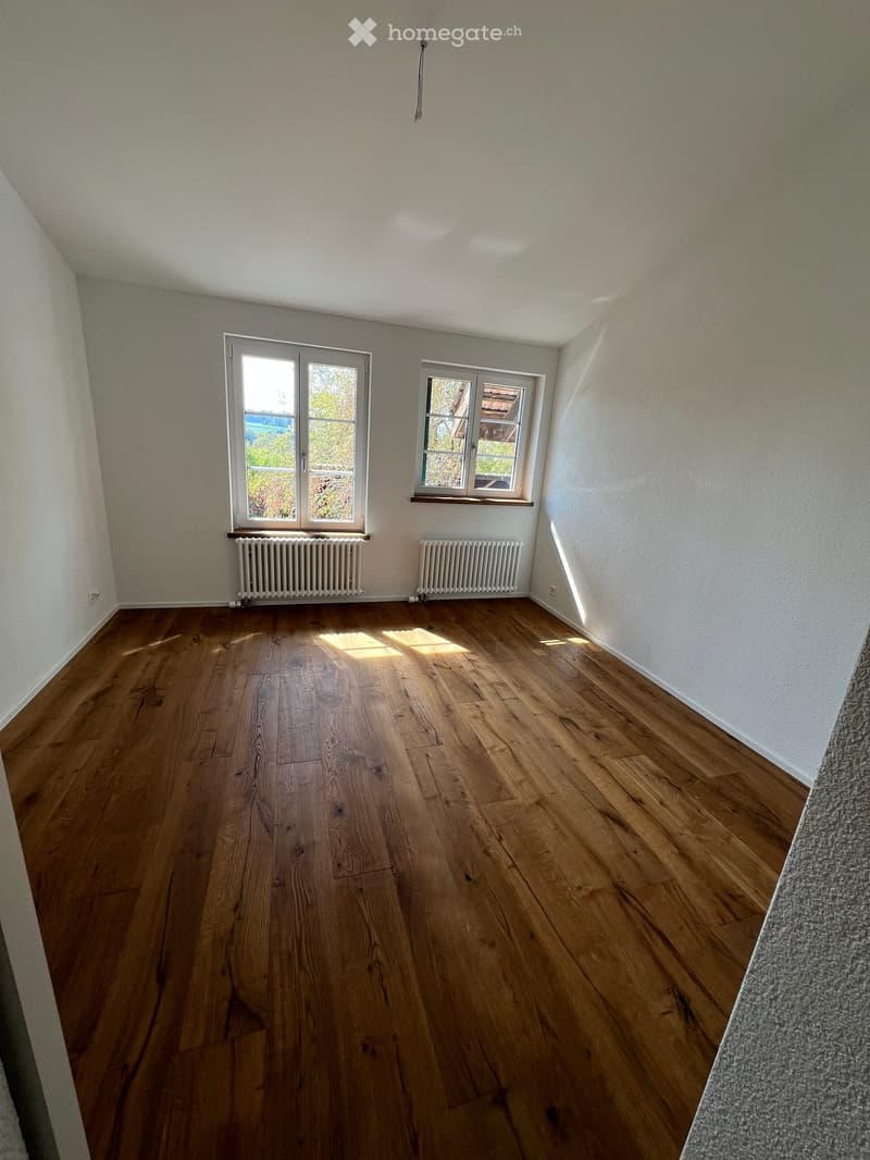 Empty room with wooden flooring, white walls, two windows, and radiators under each window.