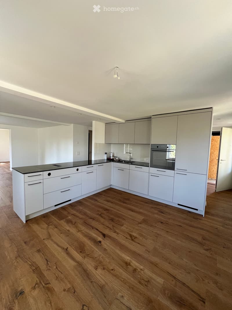 Modern kitchen with white cabinets, wooden flooring, and built-in appliances including a sink and oven.