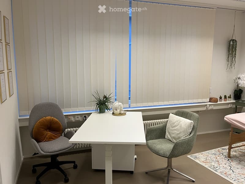 A modern, well-lit room with a white desk, two chairs, a small plant, and decorative items on the windowsill.
