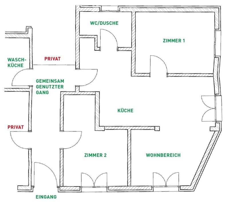 Floor plan showing entrance, shared hallway, private areas, kitchen, living area, two bedrooms, and bathroom.
